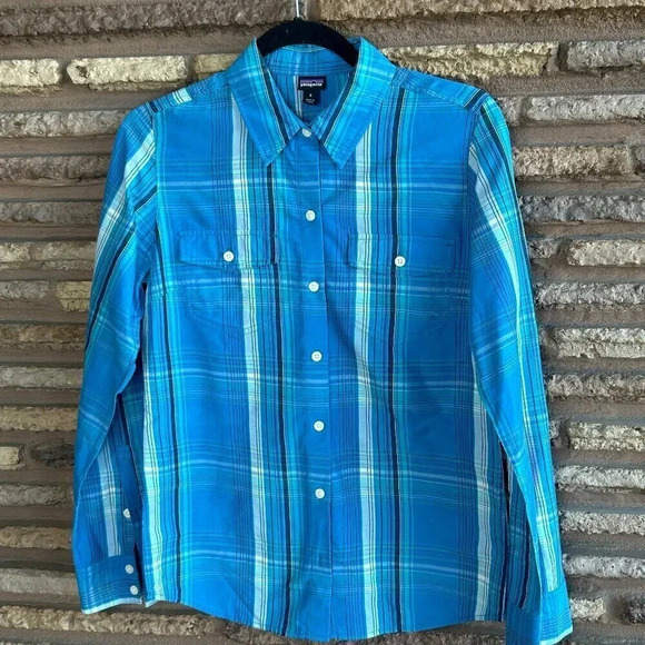 Patagonia Dark Turquoise Blue Plaid Button Front Shirt Size 6 - Picture 1 of 5